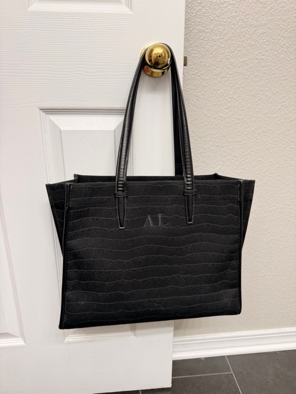 Zara Black Textured Canvas Shoulder Tote